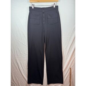 Black High Waisted Wide Leg Trousers Faux‎ Button Fly Front Patch Pocket Pants